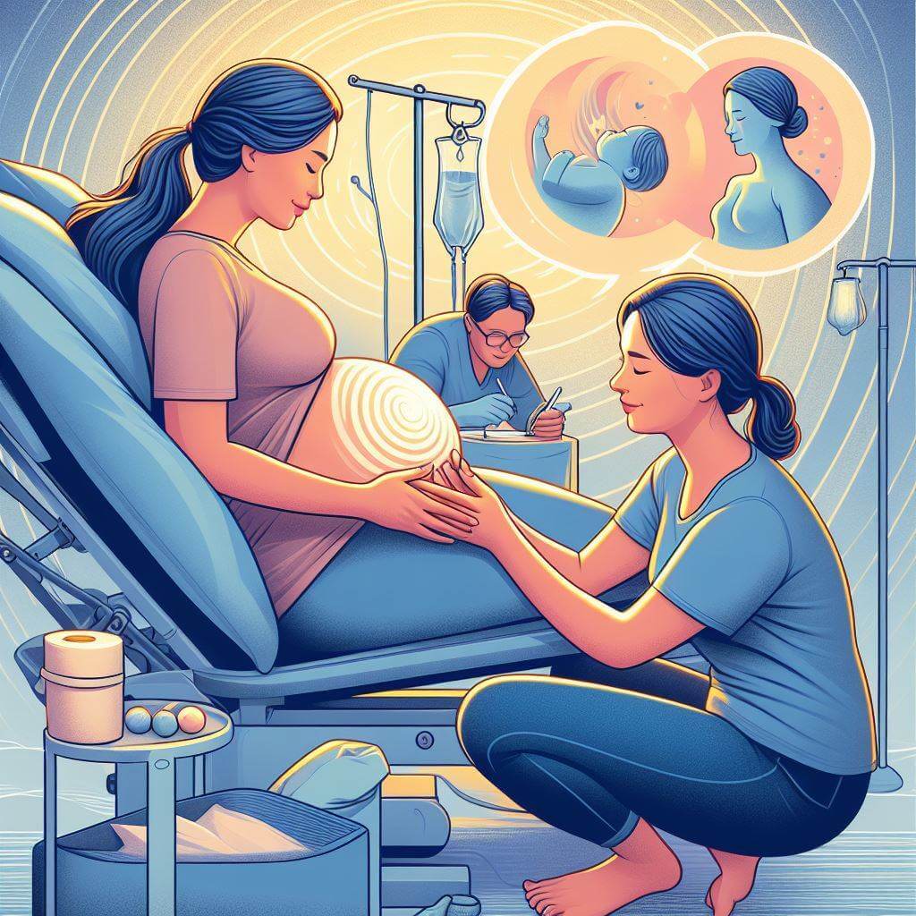 Illustration showcasing the partnership between a mother and her birthing companion during a Hypnobirthing session